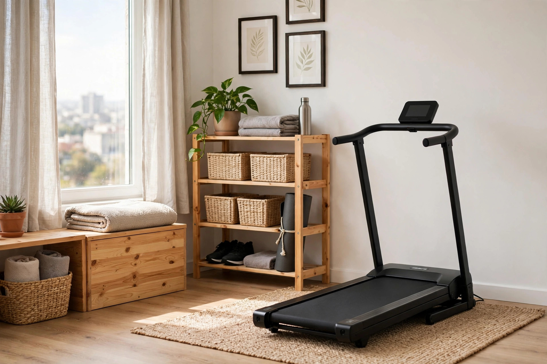 A budget-friendly compact treadmill in a small apartment with price tag graphics removed