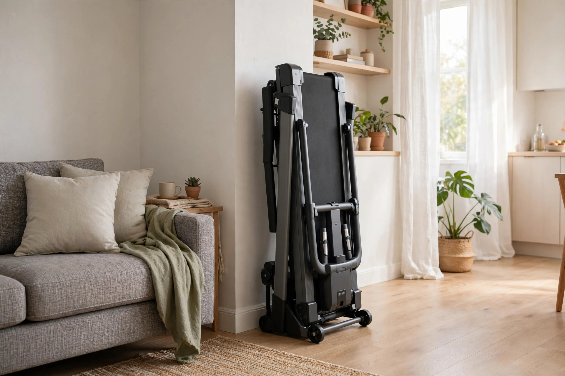 A treadmill folded upright against a wall in a small apartment with floor space freed up