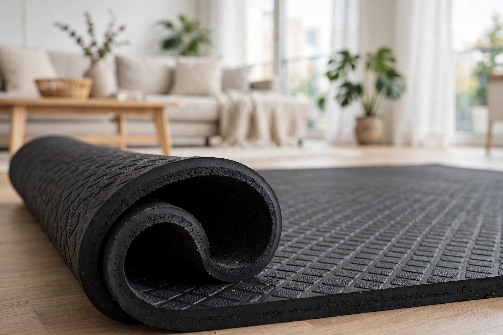 A thick black rubber treadmill mat unrolled on an apartment floor with a tape measure