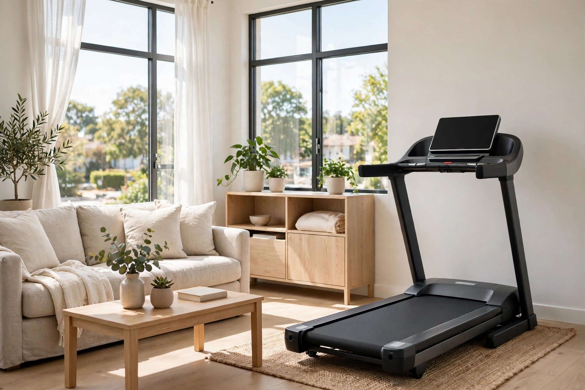A compact folding treadmill next to a sofa in a small apartment living room