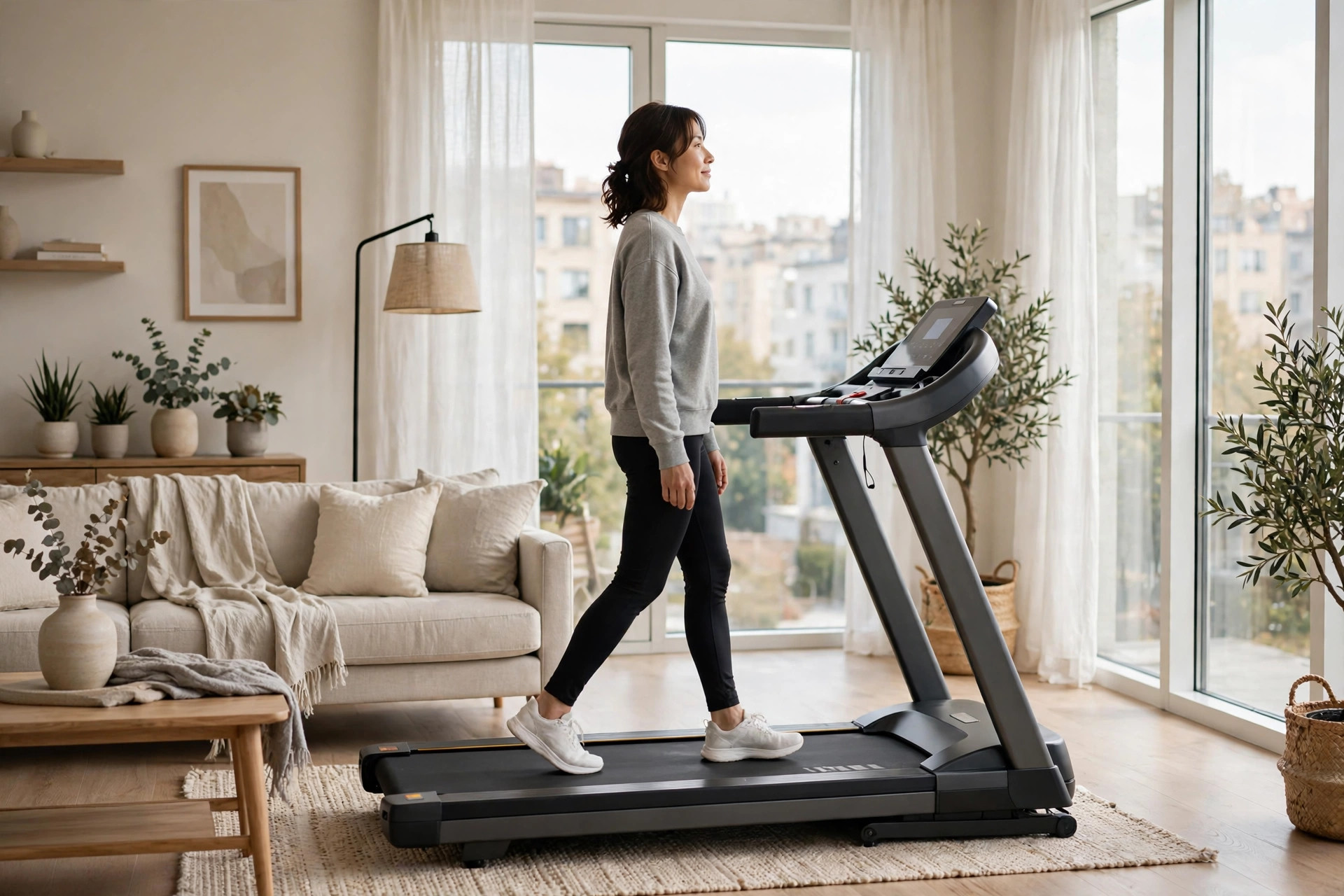 A person walking on a treadmill in an apartment with a sound meter showing a low reading nearby