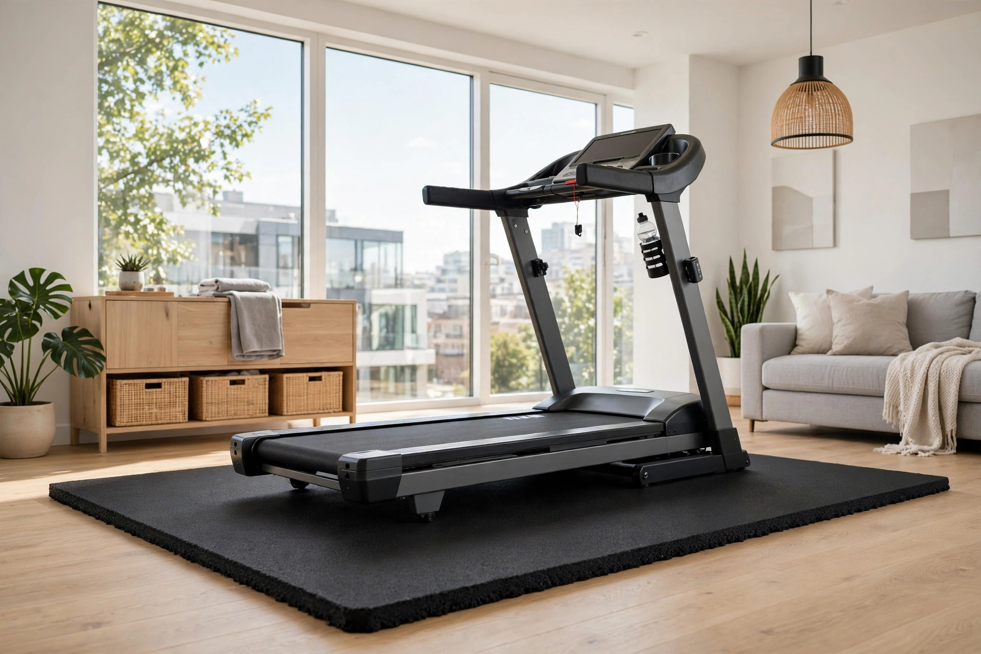 A treadmill on a thick rubber mat in an apartment with a diagram of noise traveling through the floor