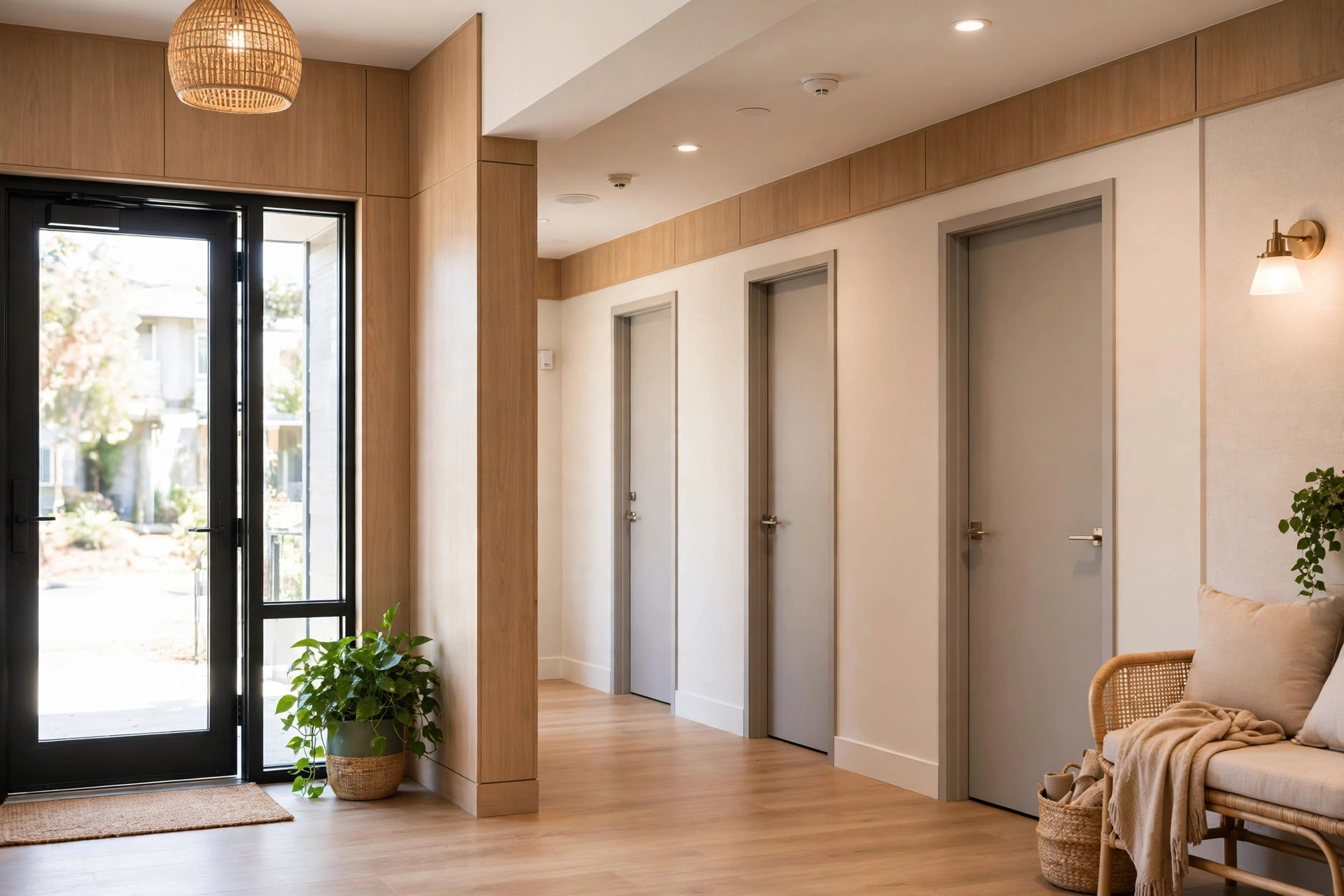Two apartment neighbors talking amicably in a hallway with a treadmill visible through a doorway