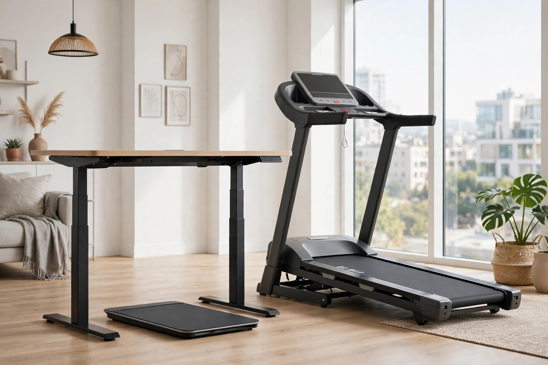 A slim walking pad stored under a desk beside a full-size folding treadmill